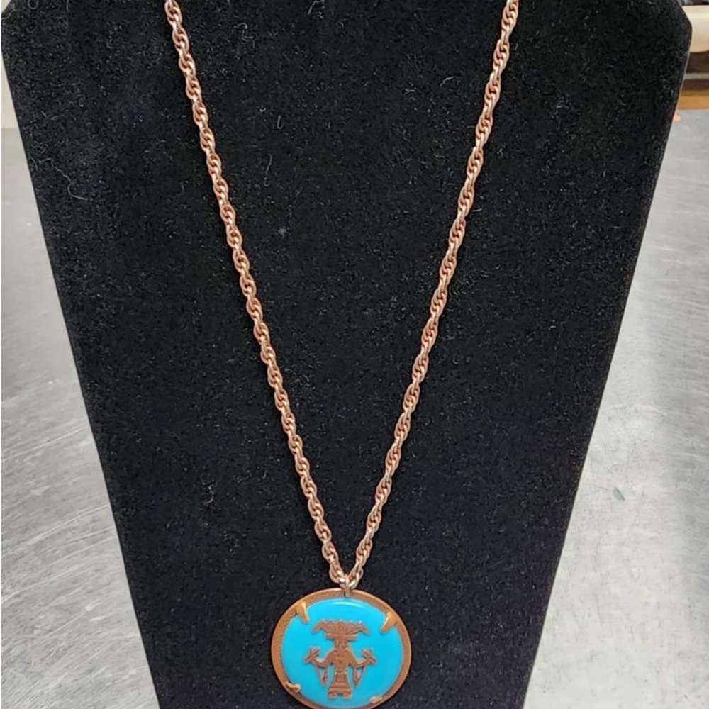 Vintage Bell Trading Co Aztec  Native American Solid Copper Pendant Necklace 30”